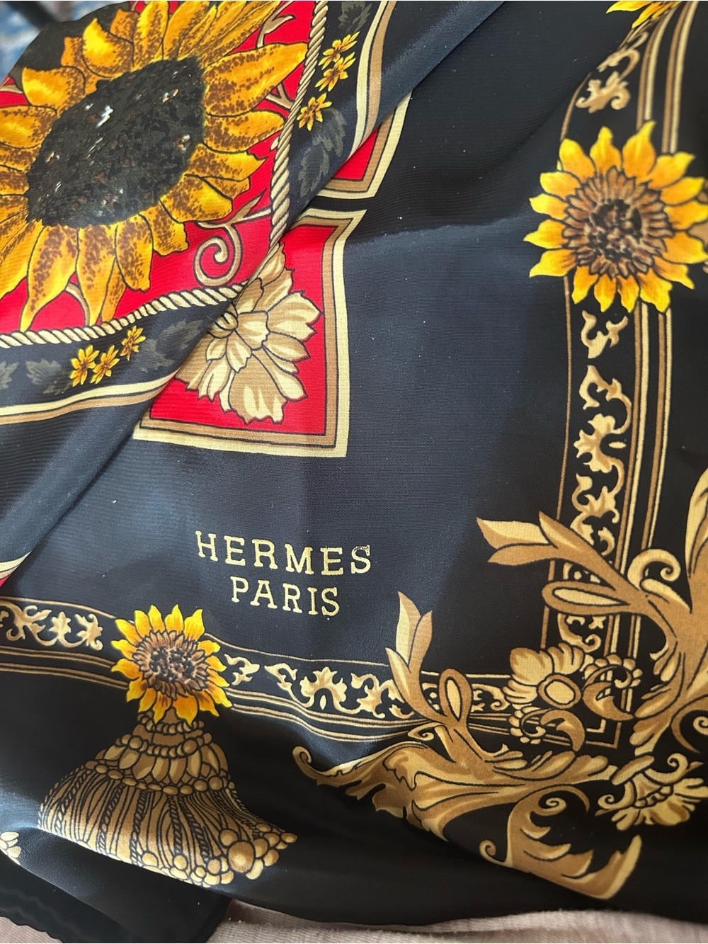 Hermes Black and Yellow Sunflower Silk Scarf